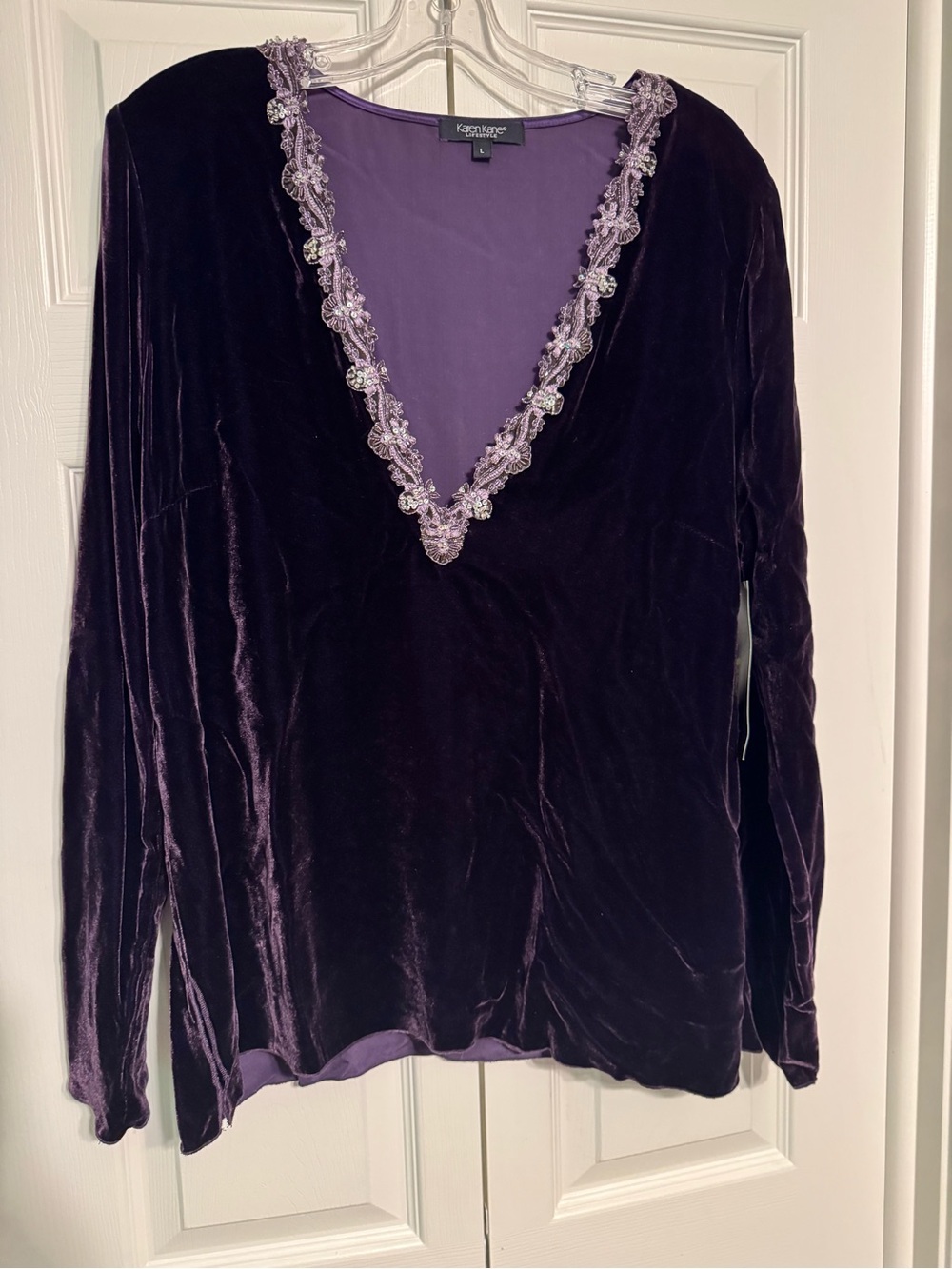 Karen Kane Purple Velvet Long Sleeve Tunic with Beaded Trim